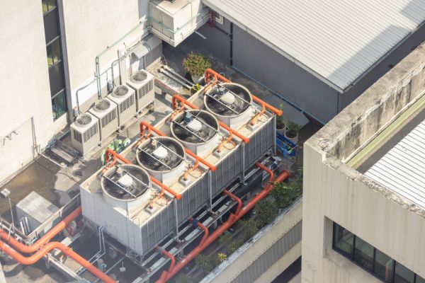 A data center cooling tower. With AI data centers have proliferated as has the risk of Legionella which can lead to Legionnaires' Disease outbreaks.